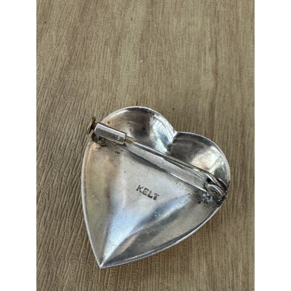 Vintage Kelt Sterling Silver Heart Brooch Floral Design France C1930s 1 1/8" - Picture 6 of 7